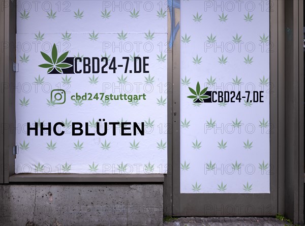 Shop window, CBD shop, retail shop, sale, trade, HHC flowers from hexahydrocannabino, cannabinoids