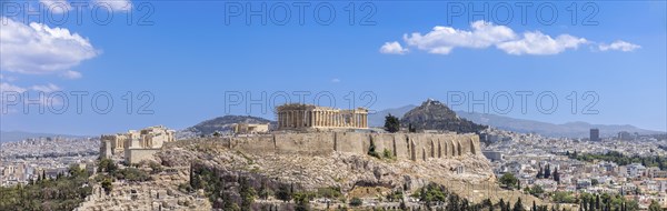 Ancient landmark citadel Acropolis of Athens seen from the Hill of the Muses, Philopappos Hill