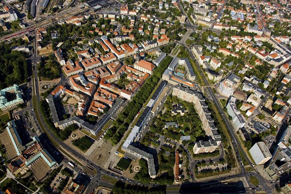 Aerial view of Dresden Neustadt. The layout of the baroque central axes goes back to Augustus the
