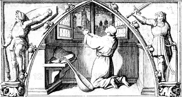 Martin Luther praying in preparation for the meeting with the emperor and the empire, chamber,