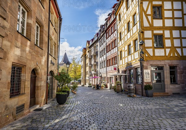 Historic half-timbered houses in WeiÃŸgerbergasse, in autumn, Old Town, Nuremberg, Middle