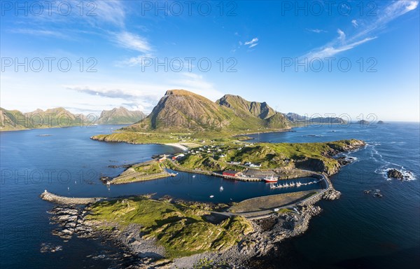 Fishing village Hovden, coast, fjords and mountains, Langoya island, Vesteralen archipelago,