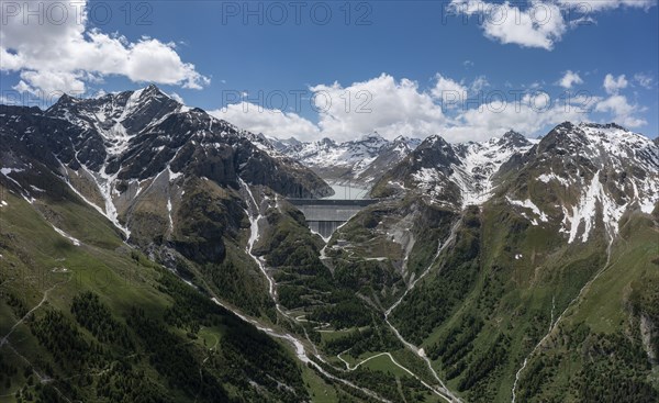Aerial view of the Grand-Dixence dam and the Lac des Dix reservoir, in the Val d'Héremence in the