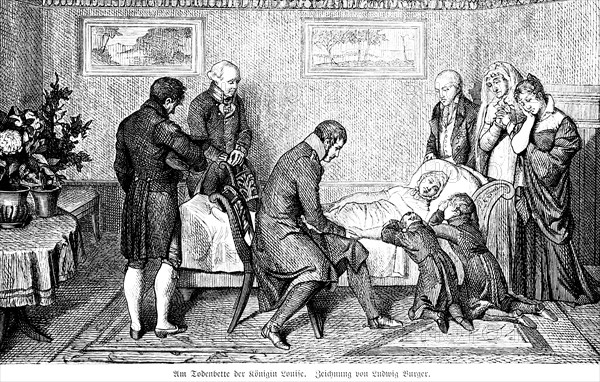 At the deathbed of Queen Louise, Louise of Prussia, room, king, doctor, children, woman, dying,