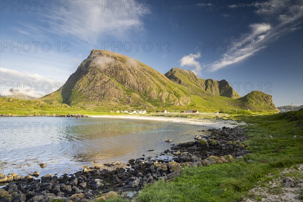 Beach and mountains, fishing village Hovden, Langoya island, Vesteralen archipelago, Norway, Europe