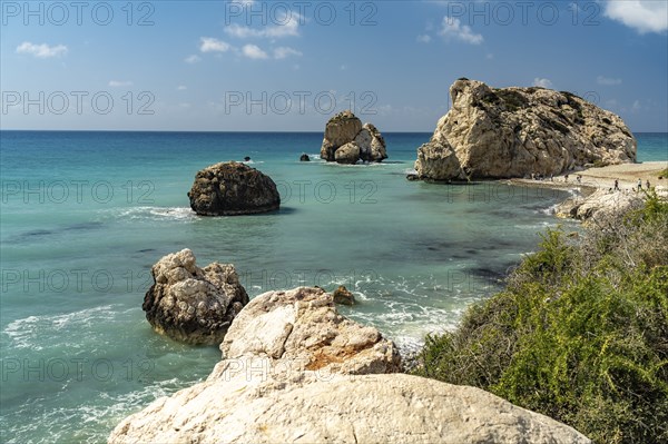 Petra tou Romiou, the Rock of Aphrodite on the coast in Kouklia near Paphos, Cyprus, Europe