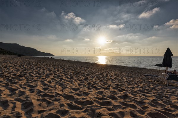 Sunset at the sea, sandy beach, backlight, Spiaggia di Scivu, Arbus, Costa Verde, Sud Sardegna,
