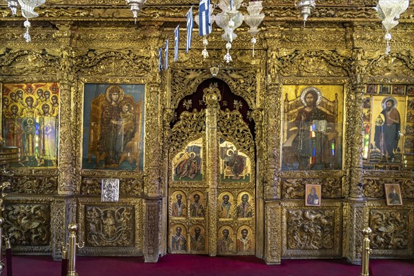 Iconostasis in the interior of the Timiou Stavrou or Holy Cross Church in Pano Lefkara, Cyprus,