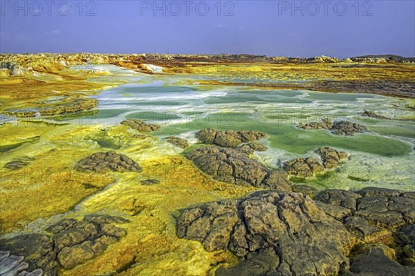 Dallol sulfur springs, hot springs in the Danakil Depression discharge brine and acidic liquid in