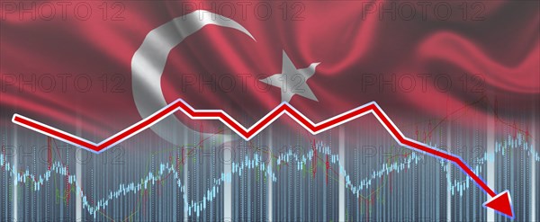 Recession graph with a red arrow on the Turkey flag, inflation. Decline of the Turkish economy.