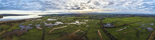 Panorama of Wetlands and Marshes in RSPB Exminster and Powderham Marshe from a drone, Exeter,