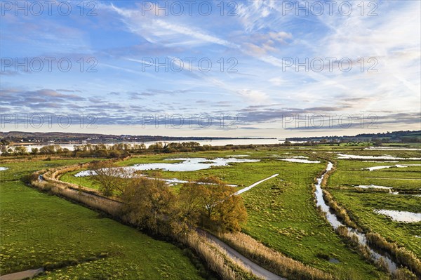 Wetlands and Marshes in RSPB Exminster and Powderham Marshe from a drone, Exeter, Devon, England,