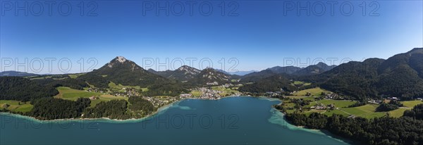 Drone shot, panorama shot, Fuschlsee, Fuschl am See, Alpine foothills, Salzkammergut, Land