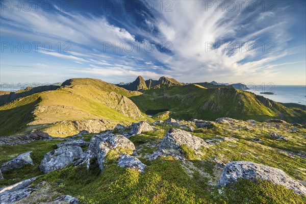 View of mountains and landscape along the Dronningruta hike, near Nyksund, Langoya Island,