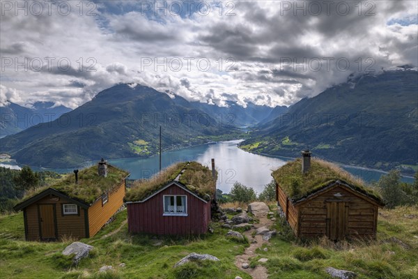 Traditional mountain huts on Rakssetra mountain pasture, Ã…rheimsfjellet mountain, Loen, Stryn,