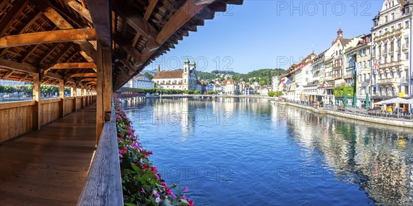Chapel bridge city on the river Reuss with bridge panorama in Lucerne, Switzerland, Europe