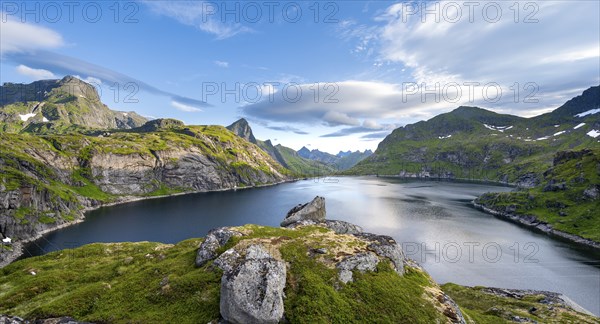 Mountain landscape with lake Tennesvatnet, at sunrise, Moskenesoya, Lofoten, Nordland, Norway,