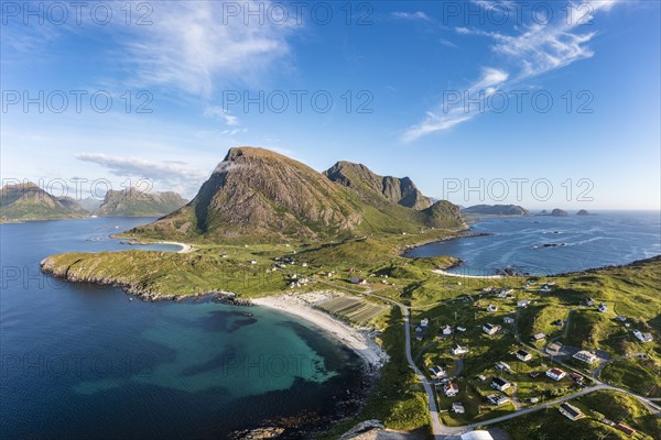 Fishing village Hovden, coast, fjords and mountains, Langoya island, Vesteralen archipelago,