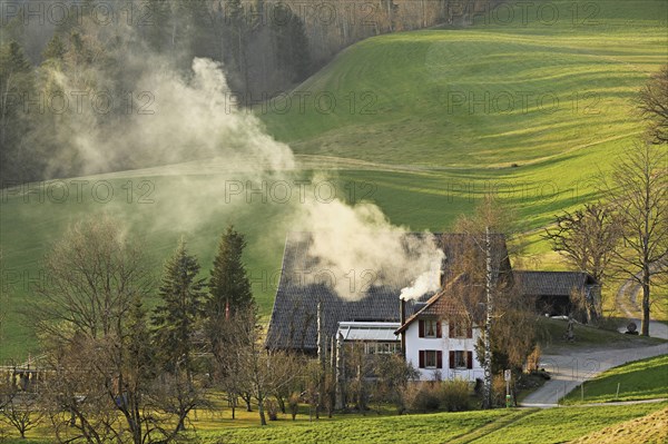 Farmhouse with smoking chimney, Hirzel, Canton Zurich, Switzerland, Europe