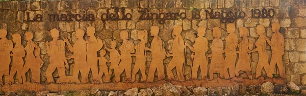 Entrance to the National Park, mural relief, protest march, environmental protection, Zingaro,