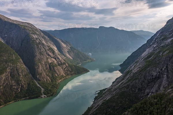 View over the Eidfjord from Kjeasen Mountain Farm, Norway, Europe