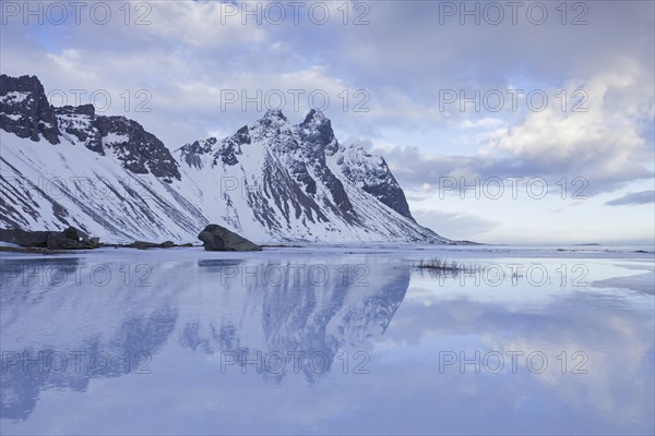 Vestrahorn mountain in Stokksnes, part of the mountains Klifatindur in winter, Iceland, Europe
