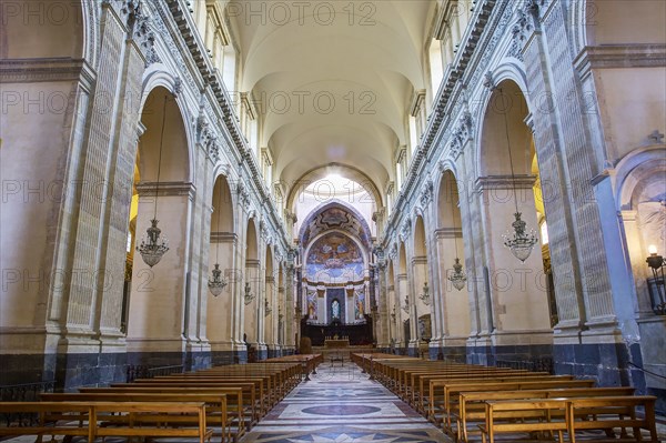 HDR, super wide angle, interior, cathedral, benches, stone arches, old town, Catania, east coast,