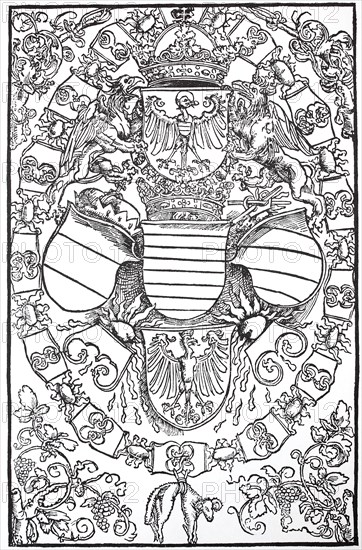 Illustrations to the Revelations of St. Bridget, the five imperial escutcheons, woodcut by Albrecht
