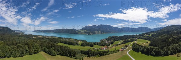 Drone shot, panorama shot, Stockwinkl with Attersee and Höllengebirge, Salzkammergut, Upper