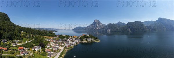 Drone shot, panorama shot, Johannesberg Chapel, Traunkirchen with Traunstein, Lake Lake Traun,