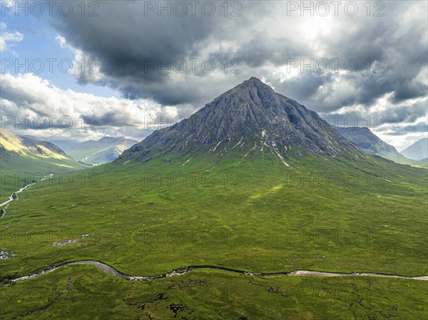 The Buachaille or Buachaille Etive MÃ²r and River Coupall from a drone, Glen Etive and River Etive,