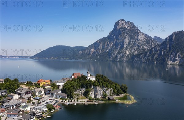 Drone shot, panorama shot, Johannesberg Chapel, Traunkirchen with Traunstein, Lake Lake Traun,
