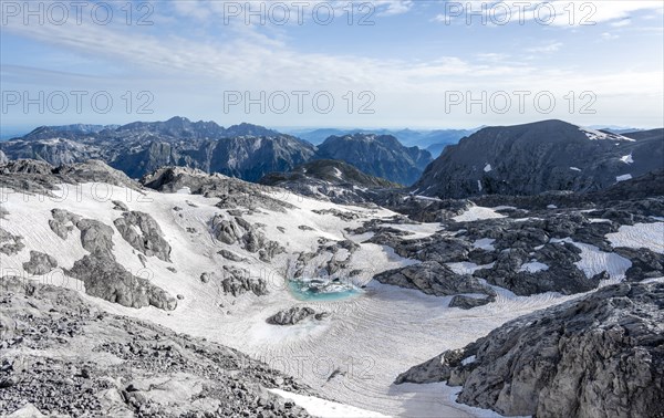 Mountain lake, snow remains, high alpine landscape, Übergossene Alm, Berchtesgaden Alps, Salzburger