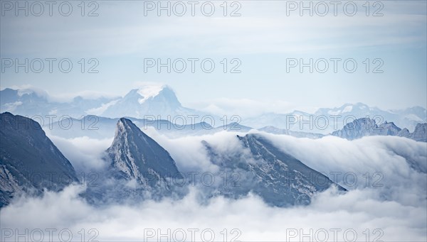 Churfirsten, high fog in the valley, view from SÃ¤ntis, Appenzell Ausserrhoden, Appenzell Alps,
