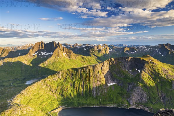 Fjord and mountains, view of Breidtinden peak, Senja, Norway, Europe