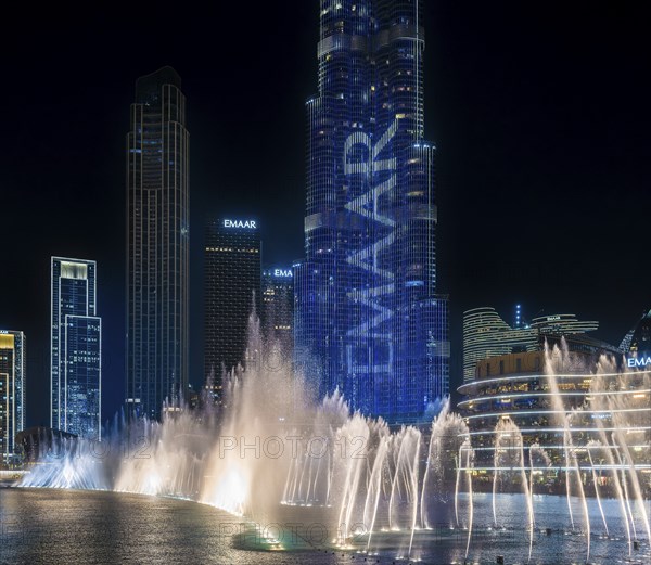 Night shot, water feature in Burj Khalifa Lake, Burk Khalifa, Downtown, Dubai, United Arab