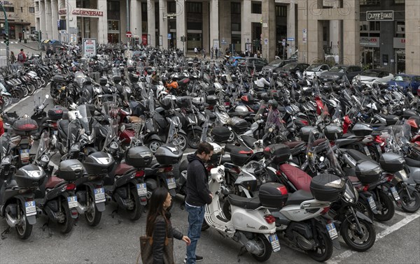 Large car park for scooters in the city, Genoa, Italy, Europe