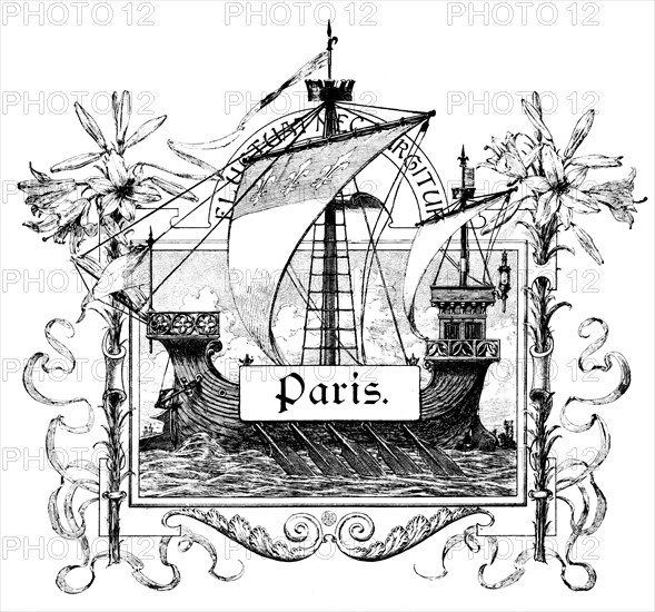 Emblem, symbol image, Paris, galley, inscription, oars, flowers, ornamentation, France, historical