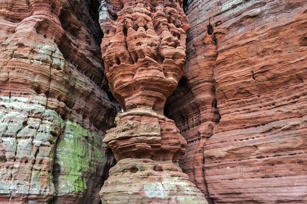 Eroded red sandstone, old castle rock, close-up, natural and cultural monument, Brechenberg near