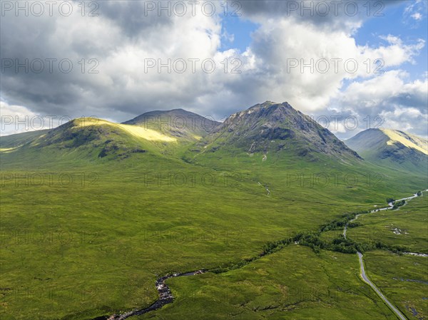 The Buachaille or Buachaille Etive MÃ²r and River Coupall from a drone, Glen Etive and River Etive,