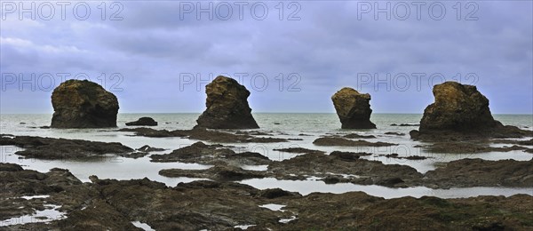 Sea stacks at the Plage des Cinq Pineaux at Saint-Hilaire-de-Riez, La Vendée, Pays de la Loire,