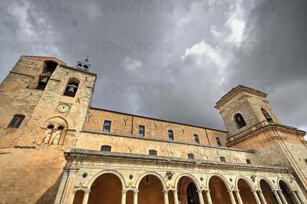 HDR shot, super wide angle shot, cloister, church tower, bell tower, Chiesa madre SS Pietro e