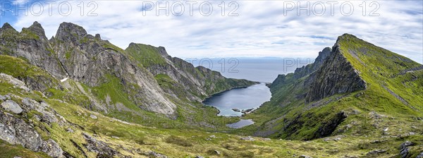 Panorama, view of the fjord Djupfjorden with mountain landscape, hiking trail to Munkebu hut,