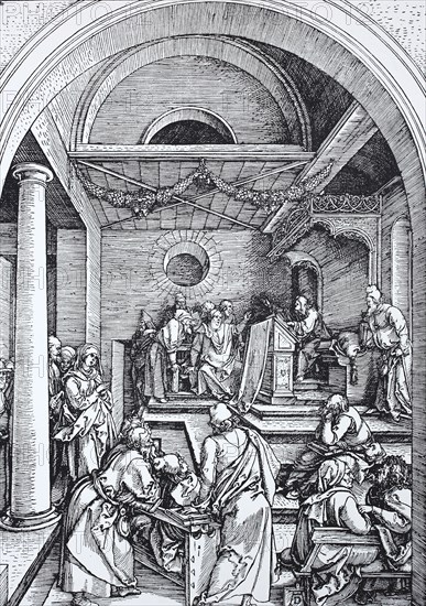 Picture cycle The Life of the Virgin, Christ among the Doctors in the Temple, woodcut by Albrecht