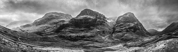 Panorama of Three Sisters Of Glencoe, Scotland in Black and White, Scotland, UK