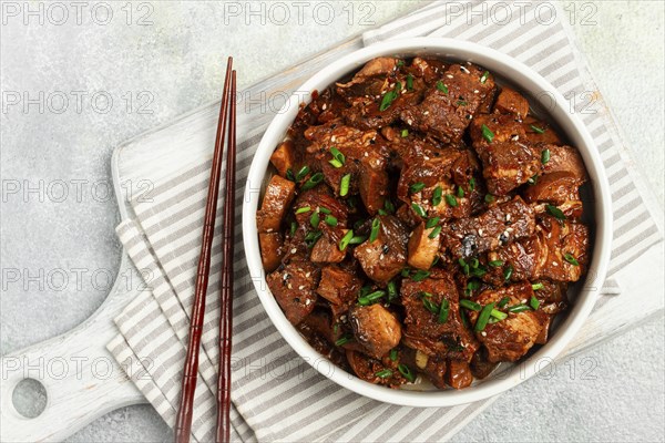 Bulgogi, with mushrooms, with sesame seeds and green onions, Korean cuisine, homemade, no people