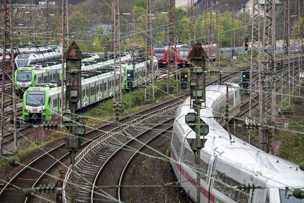 ICE train on the track, regional trains, suburban trains, on the tracks of a railway depot, waiting
