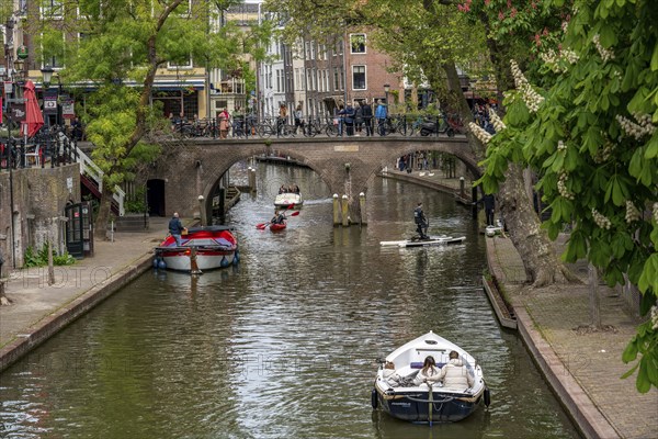 Utrecht, Netherlands, historic city centre, Oudegracht, canal, bridge, pedal boats