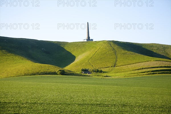 Lansdowne monument obelisk on the chalk scarp slope of Cherhill Downs, Cherhill, Wiltshire,
