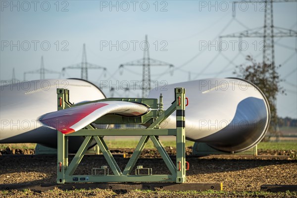 Wind farm near Bad Wünnenberg, construction site, storage area for a new wind turbine, components